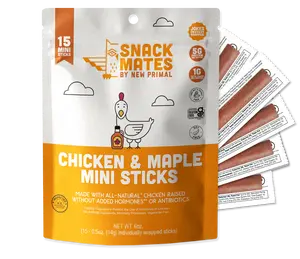 Snack Mates Chicken & Maple Sticks, Gluten Free Low Sugar High Protein Healthy Snack for Kids, Mini Paleo Jerky Meat Stick (15 ct Pack)