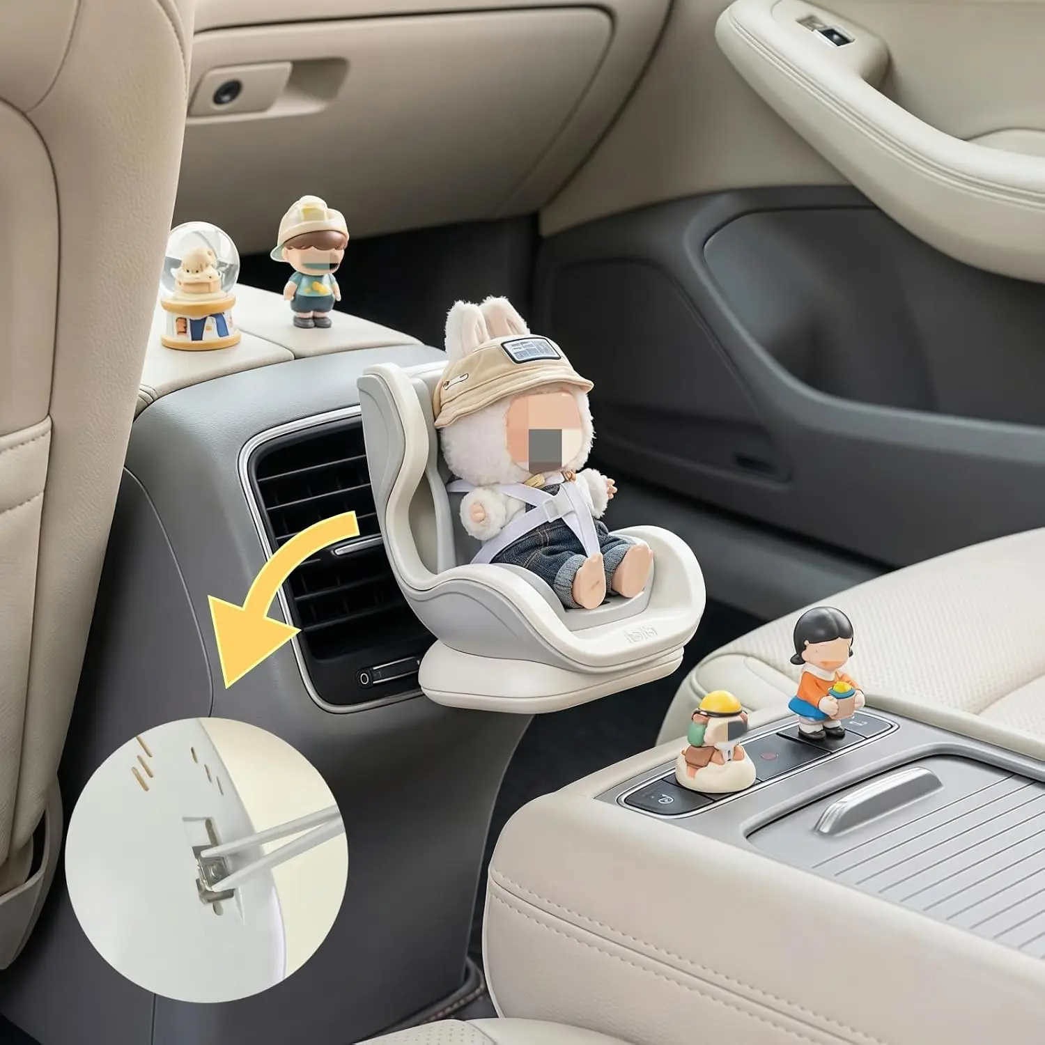 Mini Doll Car Seat with Air Vent Clip, Magnetic Holder & Elastic Safety Belt – Universal 3.9"-6.7" Action Figure Sofa for Car Interior Decoration & Desktop Display (Automotive AC Vent Accessory, Creative Gift Option)
