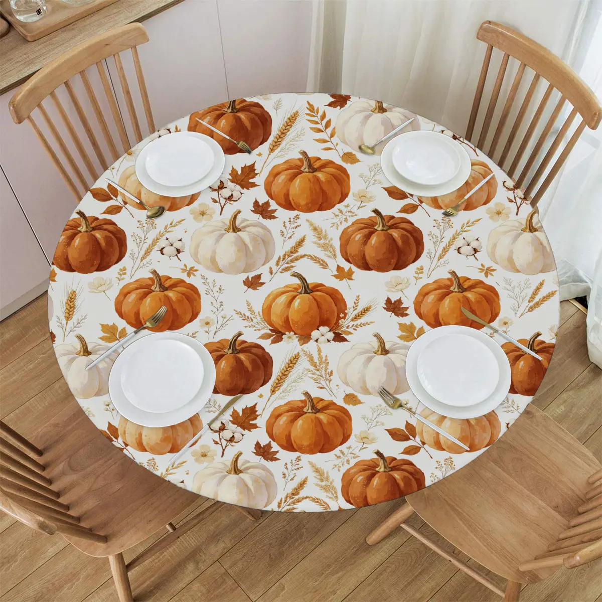 Polyester Pumpkin Print Snug Fit Elastic-Edge Fitted Round Tablecloth, Waterproof Heat-Resistant Halloween Dining Room Kitchen Cover for 40-44 in Round Tables, Ideal for Holiday Party Decor