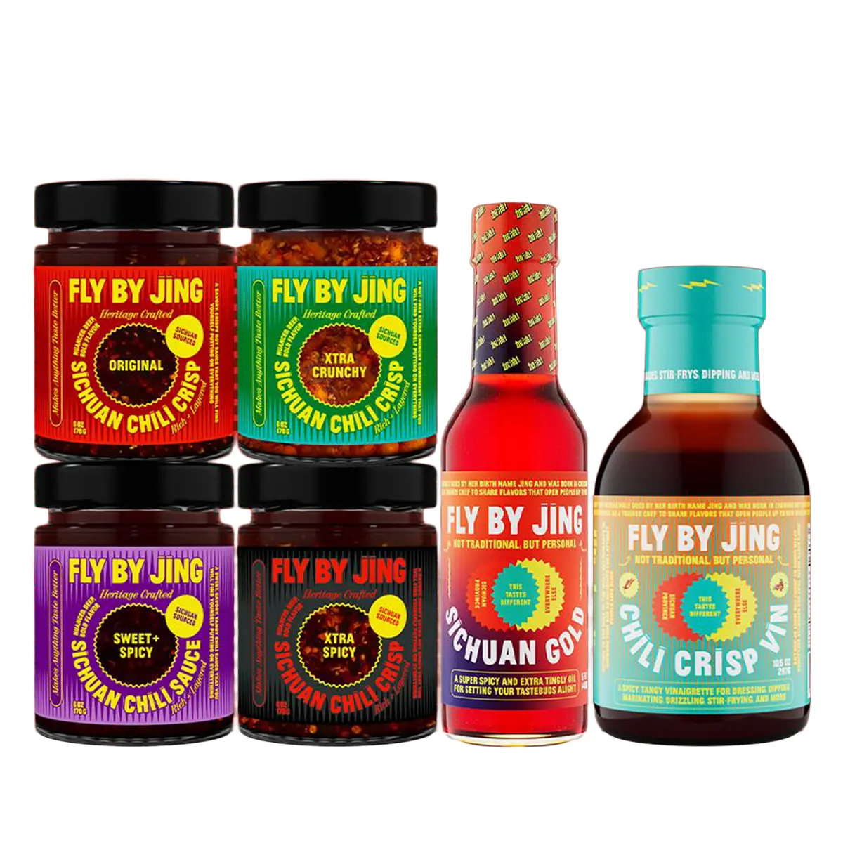 Jing's Favorites Gift Set – 6 Sichuan Chili Crisp Sauces: Original, Xtra Spicy, Sweet + Spicy, Xtra Crunchy, Sichuan Gold & Vinaigrette – Perfect Spicy Food Gift