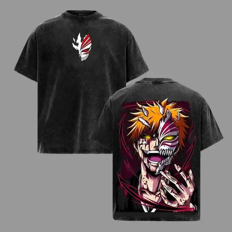 Bleach Ichigo Graphic T-Shirt, Men's Casual Oversized Streetwear Top, Double-Printed Pre-Washed Heavyweight Cotton, Menswear, Tops, Cold Wash, Premium Cotton, Classic, Relaxed, Crew Neck, Hang Dry, Loose-Fitting