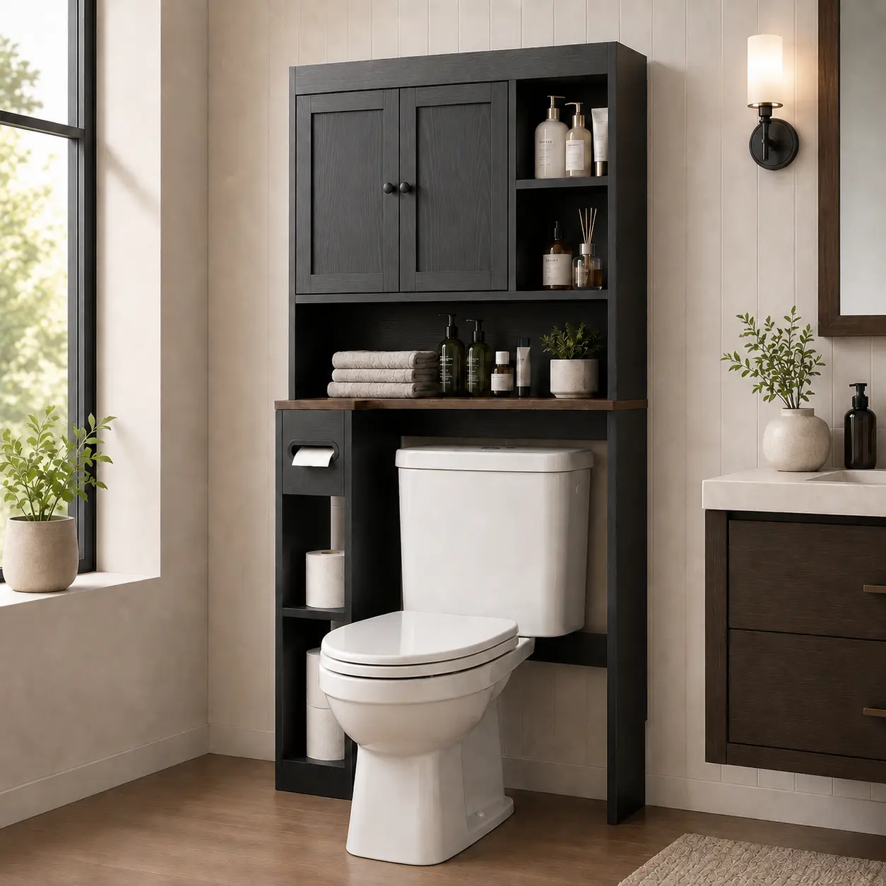 Black Farmhouse Over-the-Toilet Storage Cabinet with 2 Doors, Open Shelves and Toilet Paper Holder, Freestanding Space-Saving Bathroom Organizer for Small Bathrooms