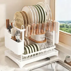 Kitchen Utensil Drying Rack with Drainage Tray, 2 Tier Detachable Dish Rack for Kitchen Counter, Large Capacity Dish Drainer Organizer & Space-Saving Utensil Holder (White)