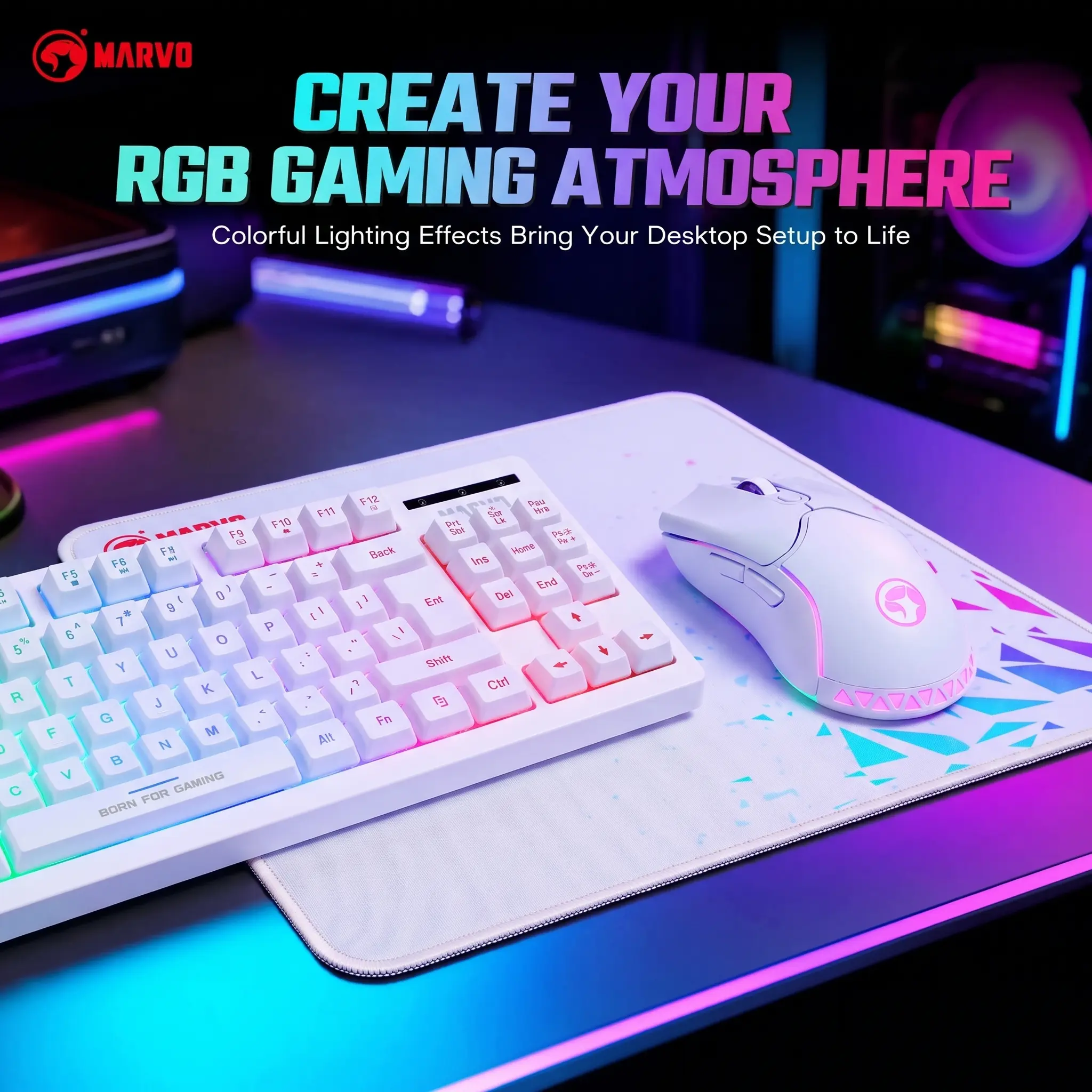 MARVO RGB Gaming Wired Keyboard & Wired Mouse Set with 87-Key Design, 3-Color Backlighting, 10 Million Clicks, 7D Mouse, 725F+D26 Sensor, 800-7200 DPI, Anti-Sweat, Anti-Slip, 1.6M Braided Cable