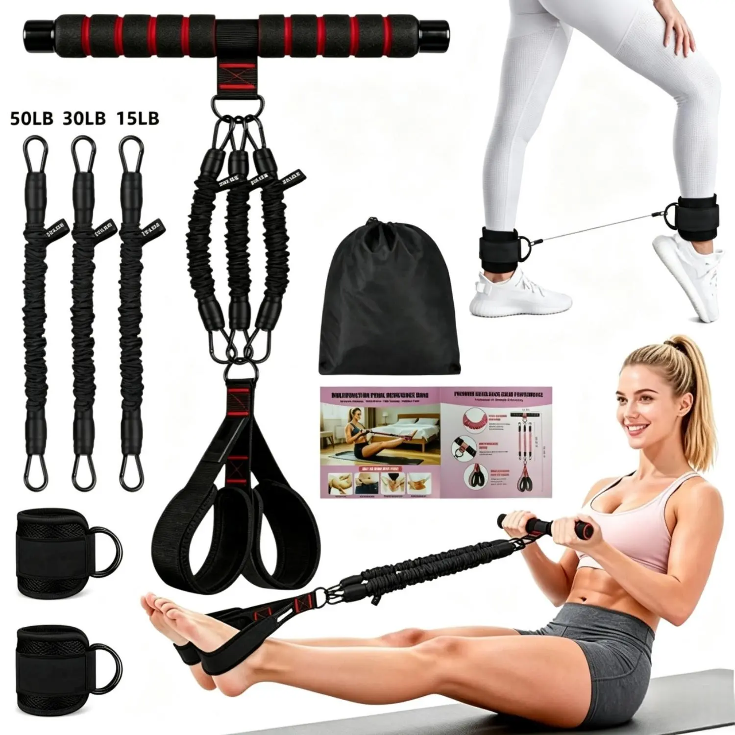 Pedal   Set | Stackable 15/30/50LB Anti-Snap Workout Tubes with Foam Handle, Ankle Straps, Door Anchor & Storage Bag, Full Body Home Gym Equipment for Glute Leg Abs Yoga Fitness Training for Beginners Men Women band toe building occlusion gluteus