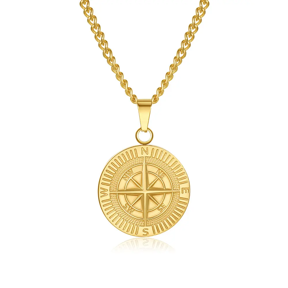 Compass Necklace for Men Stainless Steel Adventure Pendant Jewelry Hip Hop Jewelry Gift Compass Amulet Round Charm Jewelry Chain Protection Necklace for Mens Women Navigator Design Gift for Outdoor Lovers