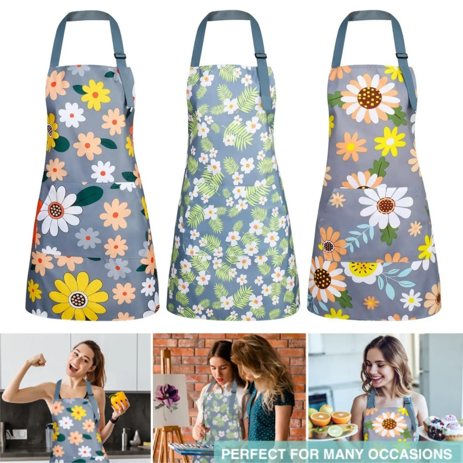 3Pcs Flower Print Synthetic Easy Cleaning Aprons with Pockets - Adjustable Strap, Waterproof, Comfortable, Durable Home Improvement Supplies for Cooking, Gardening, Ideal Holiday Gift, Cute Apron