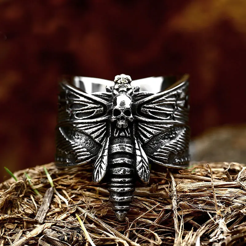 GTHIC Durable Gothic Artificial Gemstone Ring, Vintage Stainless Steel Skull & Death Head Moth Ring for Men, Unique Gifts for Valentine's Day & Birthday