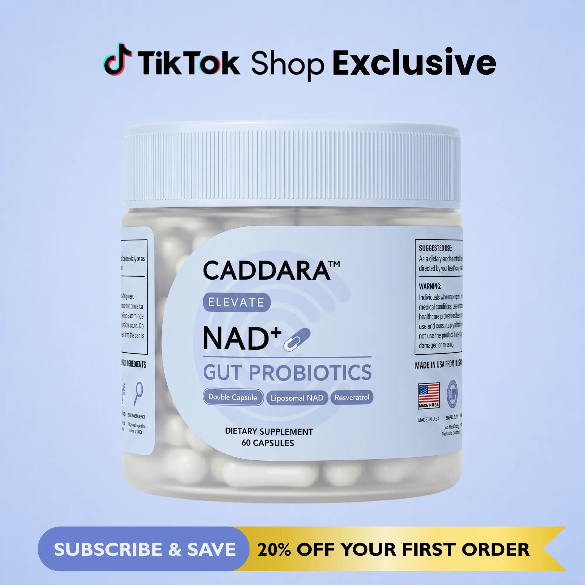 Caddara Elevate Liposomal NAD+ 250mg Trans-Resveratrol 50mg Capsules & Gut Probiotics, Double Capsule, Advanced Cellular Energy Support, 60 Capsules