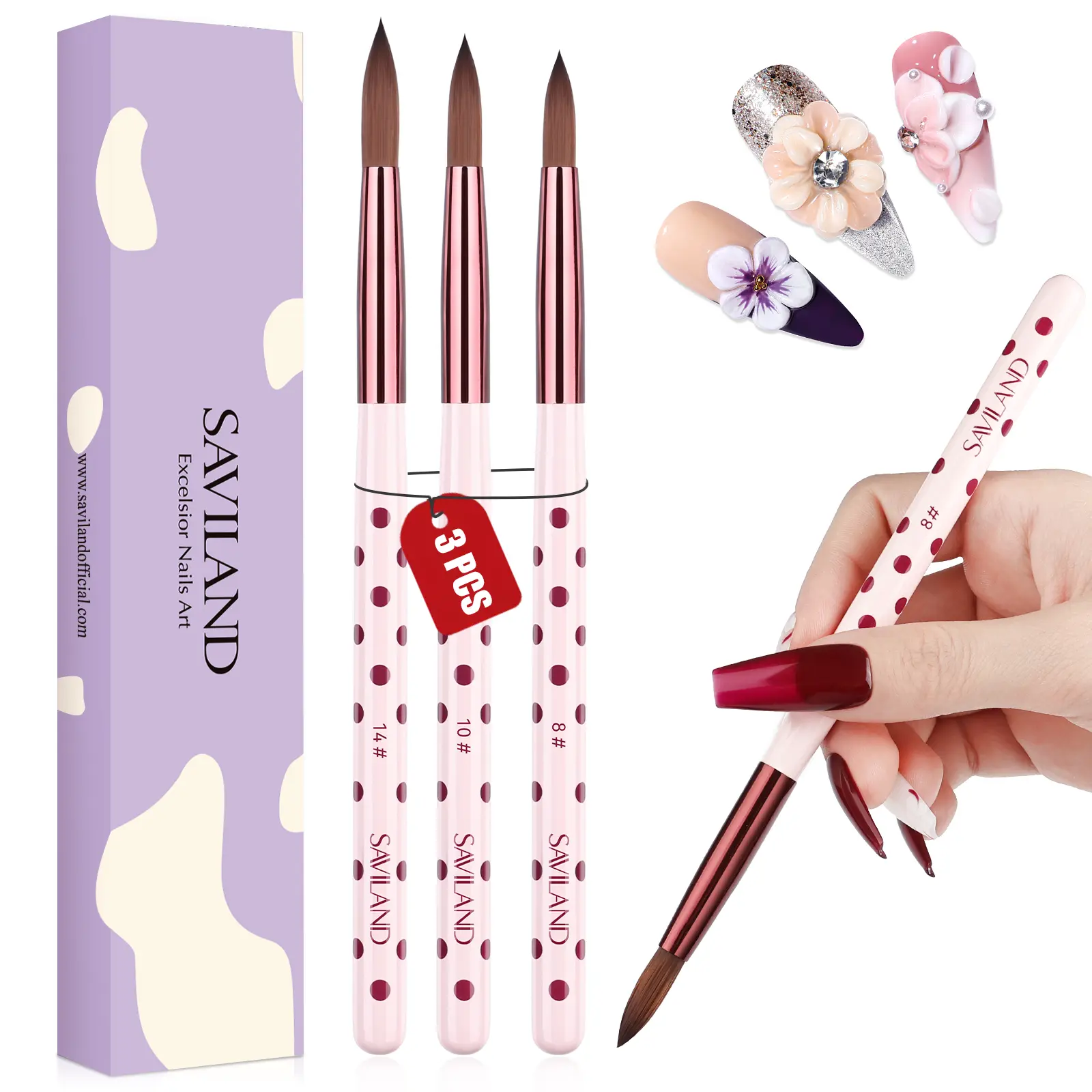 SAVILAND 3PCS Acrylic Nail Brush Set: Size 8/10/14 Kolinsky Acrylic Brush Professional Nail Brushes for Acrylics Powder, 3D Carving & Nails Extensions, Pink Manicure Tool for DIY Home Salon