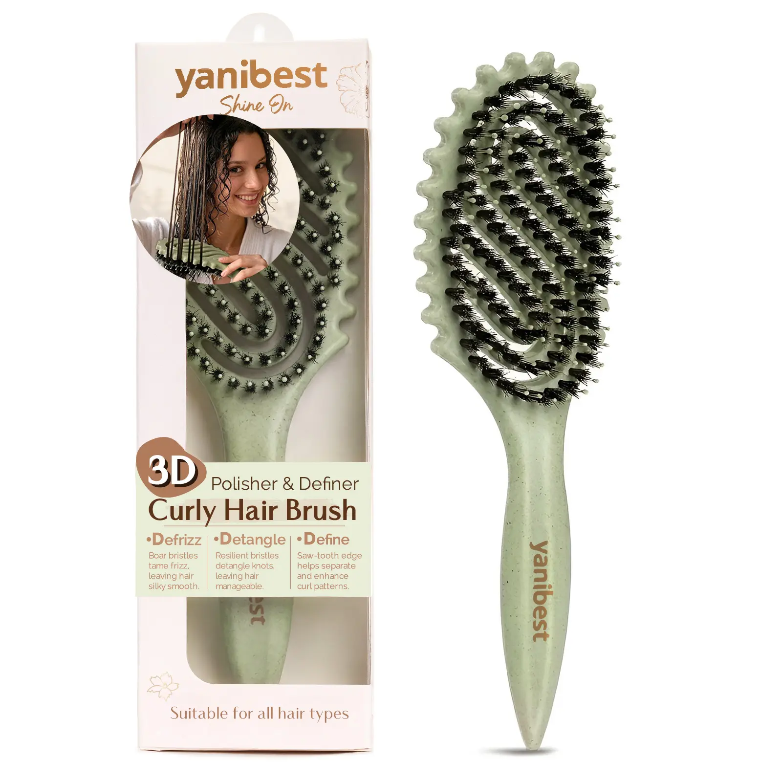 YANIBEST Boar Bristle Hair Brush - Vented Curl Defining Detangler for Frizzy, Wavy, Curly Hair, Static Reducing, Sage Green, Boar Bristle Brush, Curly Hair Products, Hair Care