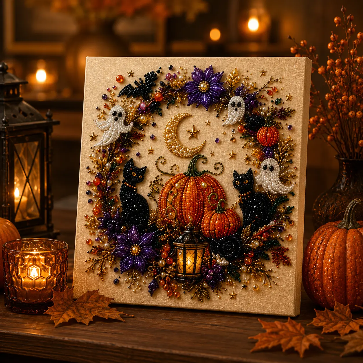 Halloween 5D Diamond Painting Kit, DIY Pearl Bead Art Canvas with Tools, Beginner-Friendly Craft Kit for Adults and Teens, Pumpkin Ghost Witch Cat Seasonal Wall Decor and Halloween Gift