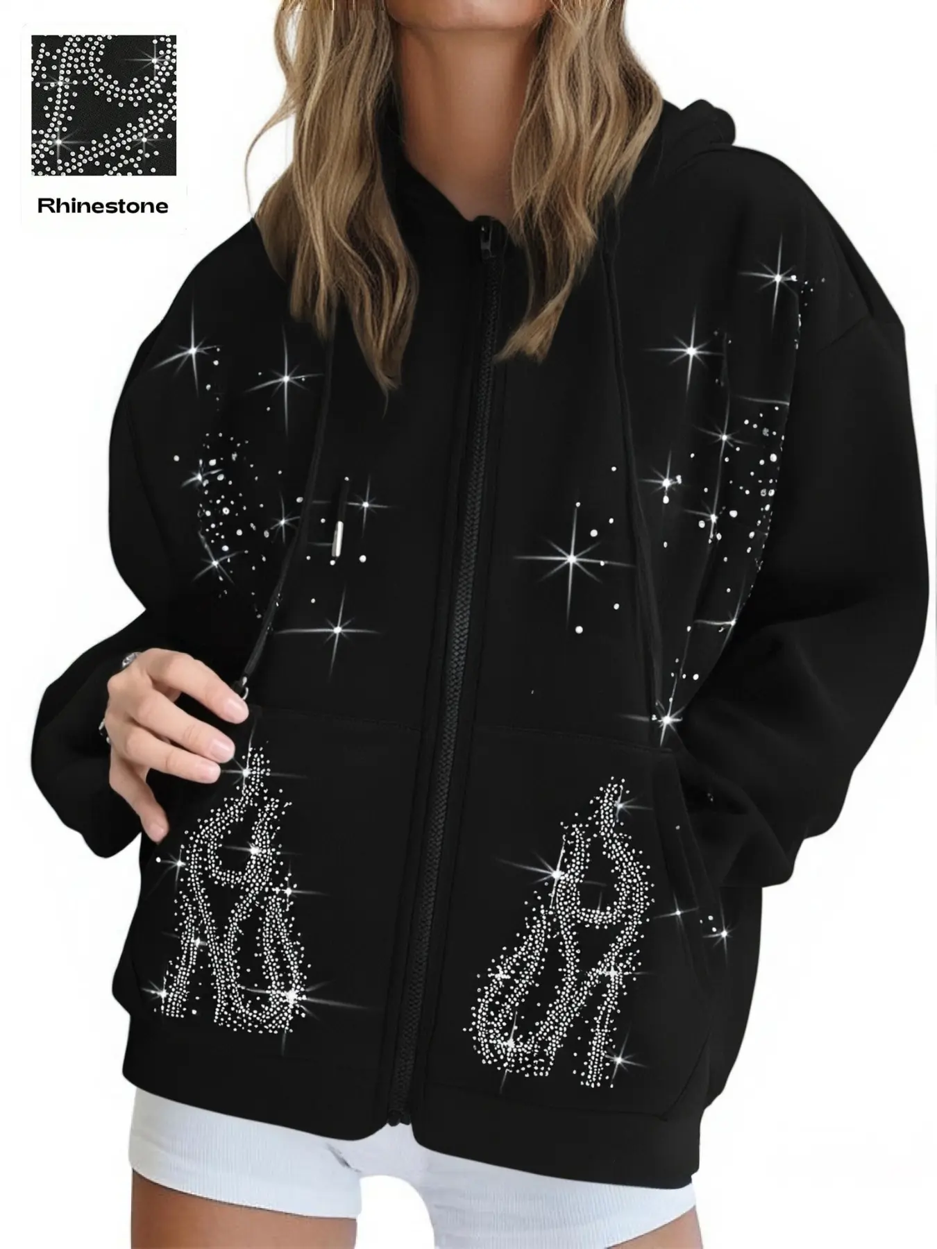Women's Rhinestone Zipper Hoodie Long Sleeve Sweatshirt, Casual Fall Winter Sportswear, Fashion Streetwear with Diamond Decoration