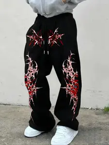 Men's Casual Sporty Long Pants, Thorn Totem Pattern Print, Drawstring Wide Leg, All Season Loose Fit, Men's Fashion Clothing