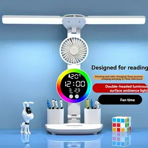 Smart Desk Lamp with Fan and Pen Holder 2 Head Optional USB Powered Touch Control Dimmable LED Light with Time Temperature Display Color Changing Eye Protection for Home Office Dorm Study Modern Design