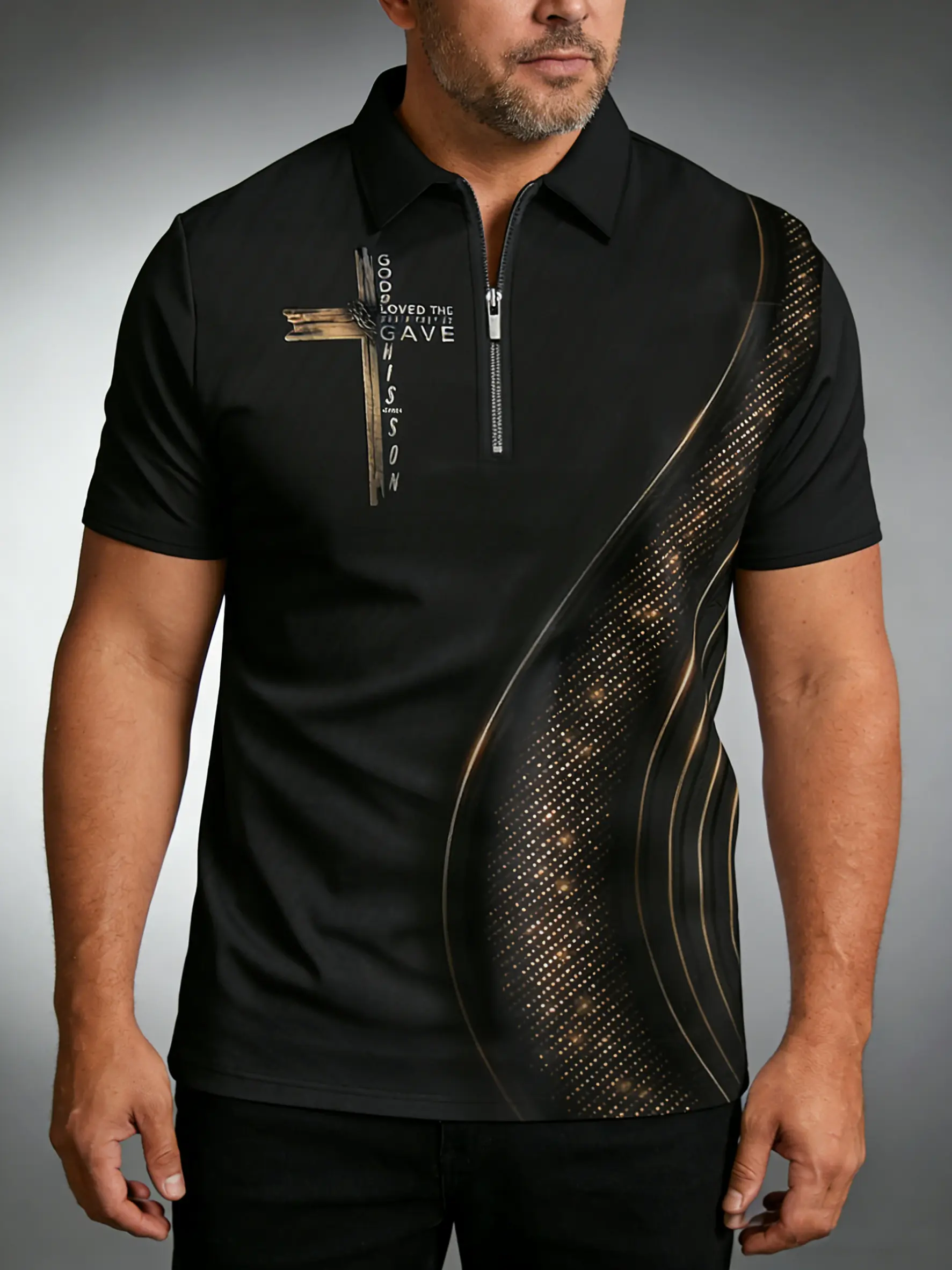 Men's black gold gradient polka dot collar shirt, cross pattern zipper collar casual T-shirt, refreshing, comfortable, breathable, suitable for outdoor sports and home vacations