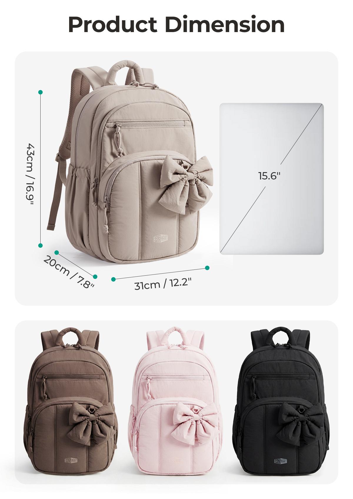 【NEW IN】BAGSMART Cute Puffer Backpack for School Girls, Detachable Bow Lightweight 15.6" Laptop Bag, Durable Nylon Daypack for Travel & Commute