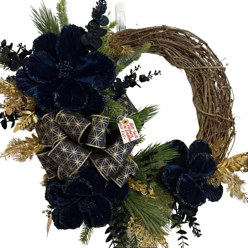 Midnight Blue Velvet Poinsettia Flowers on a Grapevine Wreath