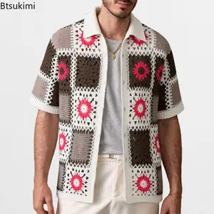 Men's Retro Ethnic Style Crochet Shirts Summer Chic Hollow Out Short Sleeve Cardigans High Quality Jacquard Knitted Polo Shirts