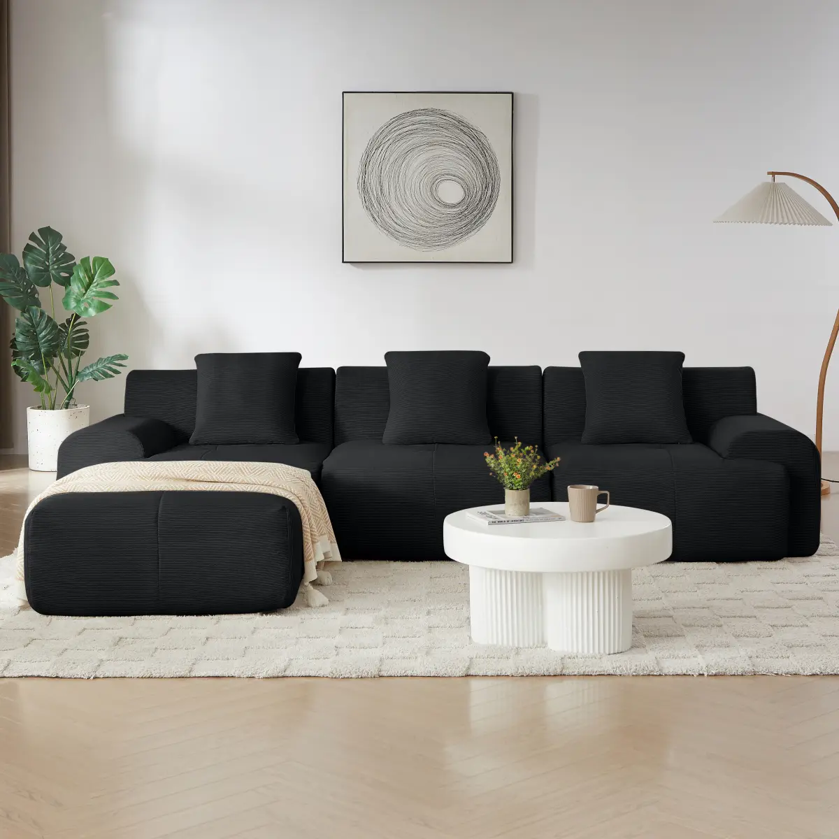 113" L-Shape Modular Sectional Couch with Movable Ottoman, Modern Comfy Cloud Sofa, Deep-Seat Corduroy Boneless Sofa for Living Room, No Assembly Required, Black, Modern Comfy Couch