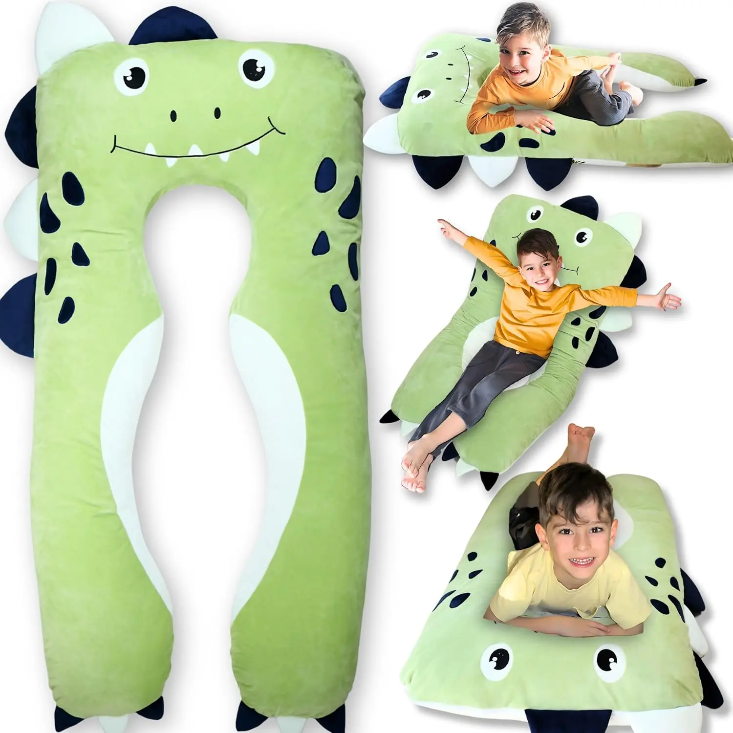 Kids Dinosaur U-Shape Body Pillow, 47-in Soft Plush Cuddler with Washable Cover, Unisex Sleeping Toy for Anxiety Relief, Baby & Toddler Gift for Boys & Girls