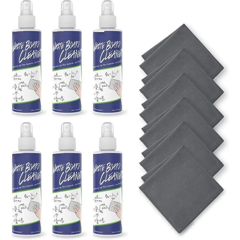 Whiteboard Cleaner, 8.5 fl oz Dry Erase Board Cleaner, Low-Odor Whiteboard Cleaning Spray with Cloths, Removes Stubborn Marks from Whiteboards, Chalkboard (6-Pack)