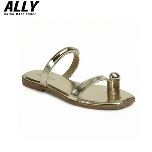 ALLY Womens Thong Slide Sandals – Trendy Summer Flat Sandals with Viral Luxury Metallic Gold Accent Square Toe for Beach, Errands, Brunch & Date Night.