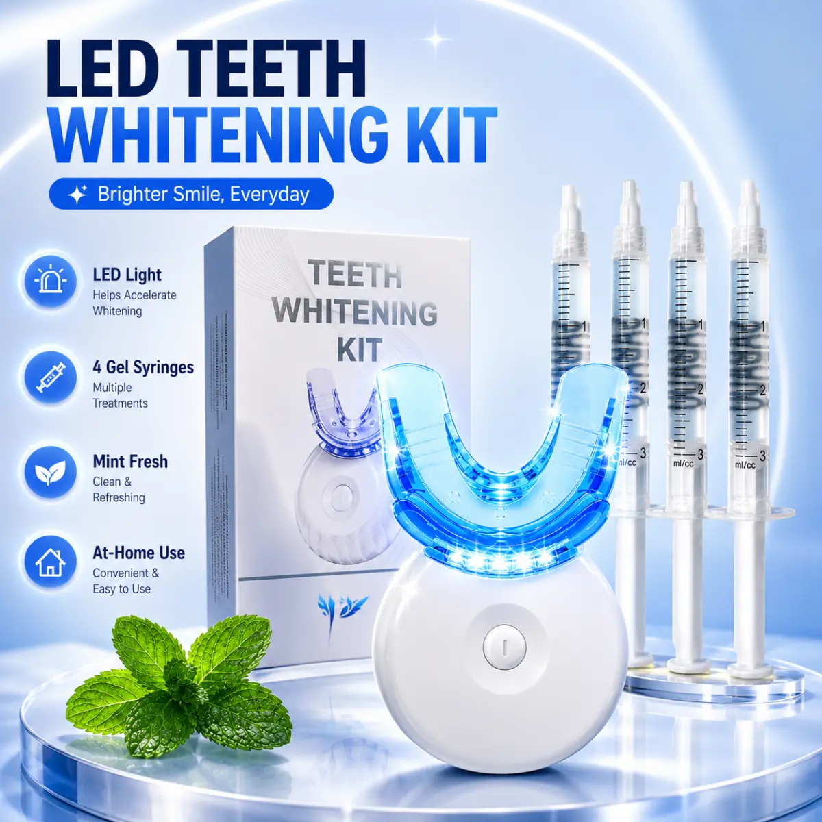 10-Min LED Teeth Whitening Kit, 3-Week At-Home Whitening Course with 4 Gel Syringes, LED Whitening Device and Shade Guide, Gentle Formula for Sensitive Teeth Dental smile