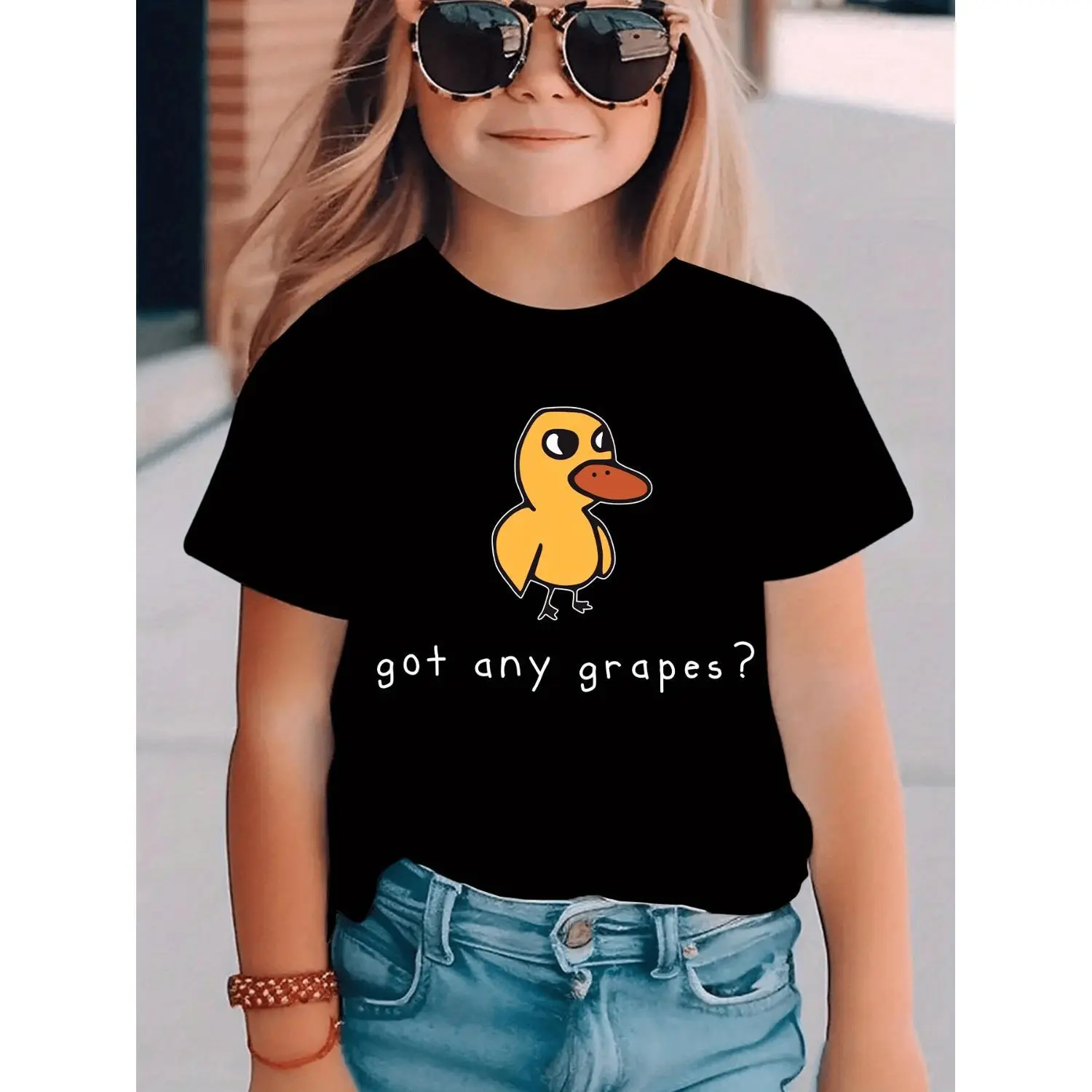 Girls' Versatile Summer Short-Sleeve Cute Basic Tee - Funny Graphic Tee with "Got Any Grapes" and Yellow Duck Print