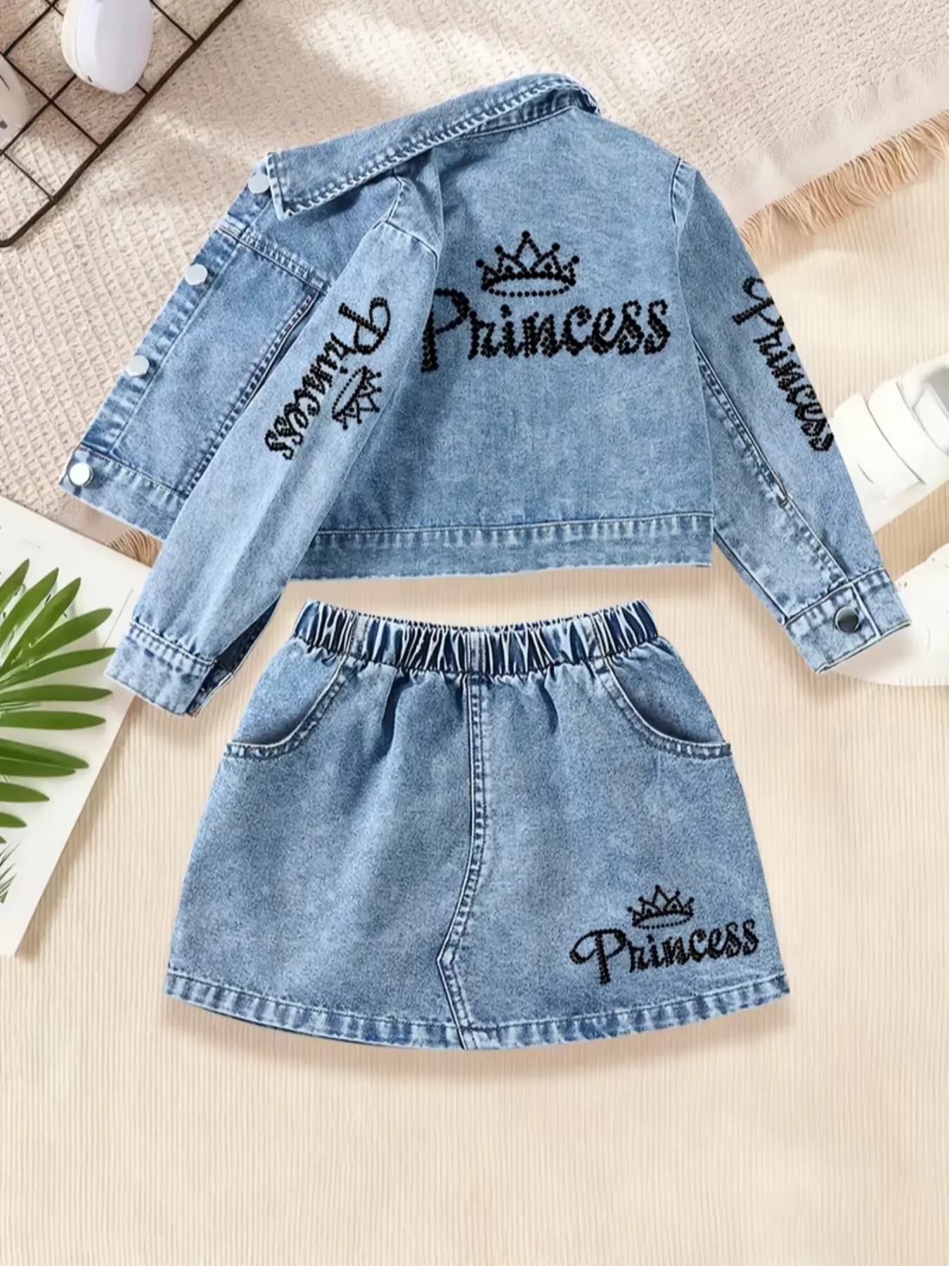 Princess Style Western Set, Clothes, Casual Outfit Set, Princess Casual Jacket & Denim Skirt, Embroidered Crown Design, Perfect for Parties & Outdoor Activities