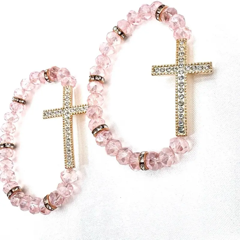12-Piece Religious Multicolor Acrylic Beaded Bracelet Sets with Cross Charm, Includes Bags, Bagged to Gift - Baptism Festive Party Supplies, Gift Favor for Home Gatherings