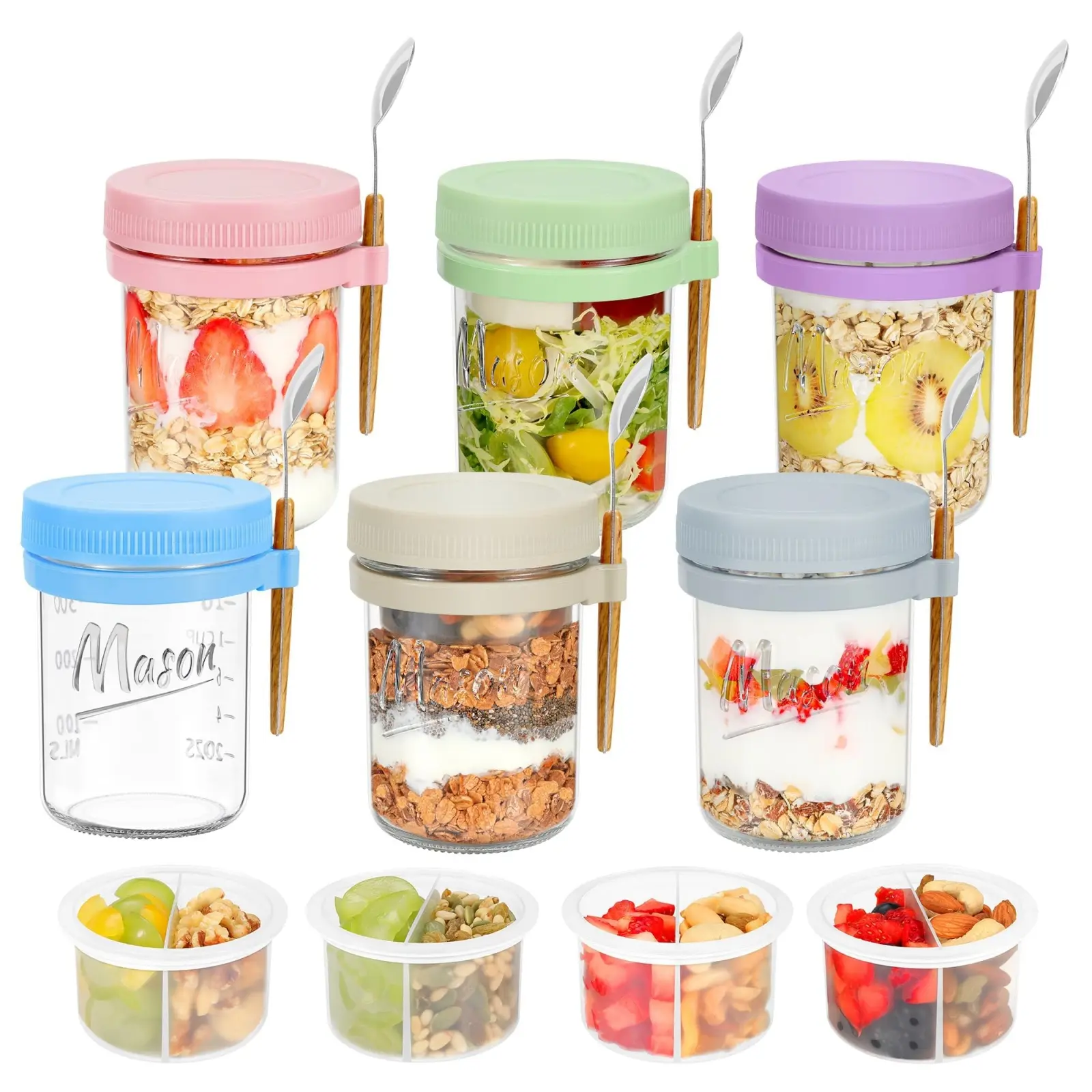 Mason 6 Pack Overnight Oats Containers with Lids and Spoons, 16 oz Glass Jars, Removable Separate Compartments, Airtight and Leak-Proof Kitchen Silicone