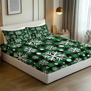 3Pcs Christmas Green and Black Plaid Fitted Sheet Set, Elegant White Snowflake and Dot Design, Cozy and Durable Bedding, Ideal for Winter Decor and Holiday Gifting, Elevate Your Bedroom Style!, Bed Sheet Sets, No Pillow Core