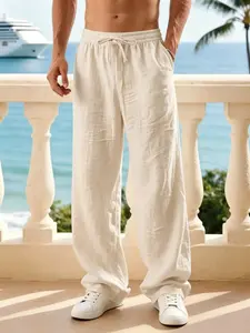 Men's Plain Minimalist Linen Classic Casual Straight-Leg Pants - Adjustable Drawstring, Breathable, Comfy, Machine-Washable, Travel-Friendly Long Trousers for Outdoors, Daily Wear, S-2XL Summer Apricot Apparel