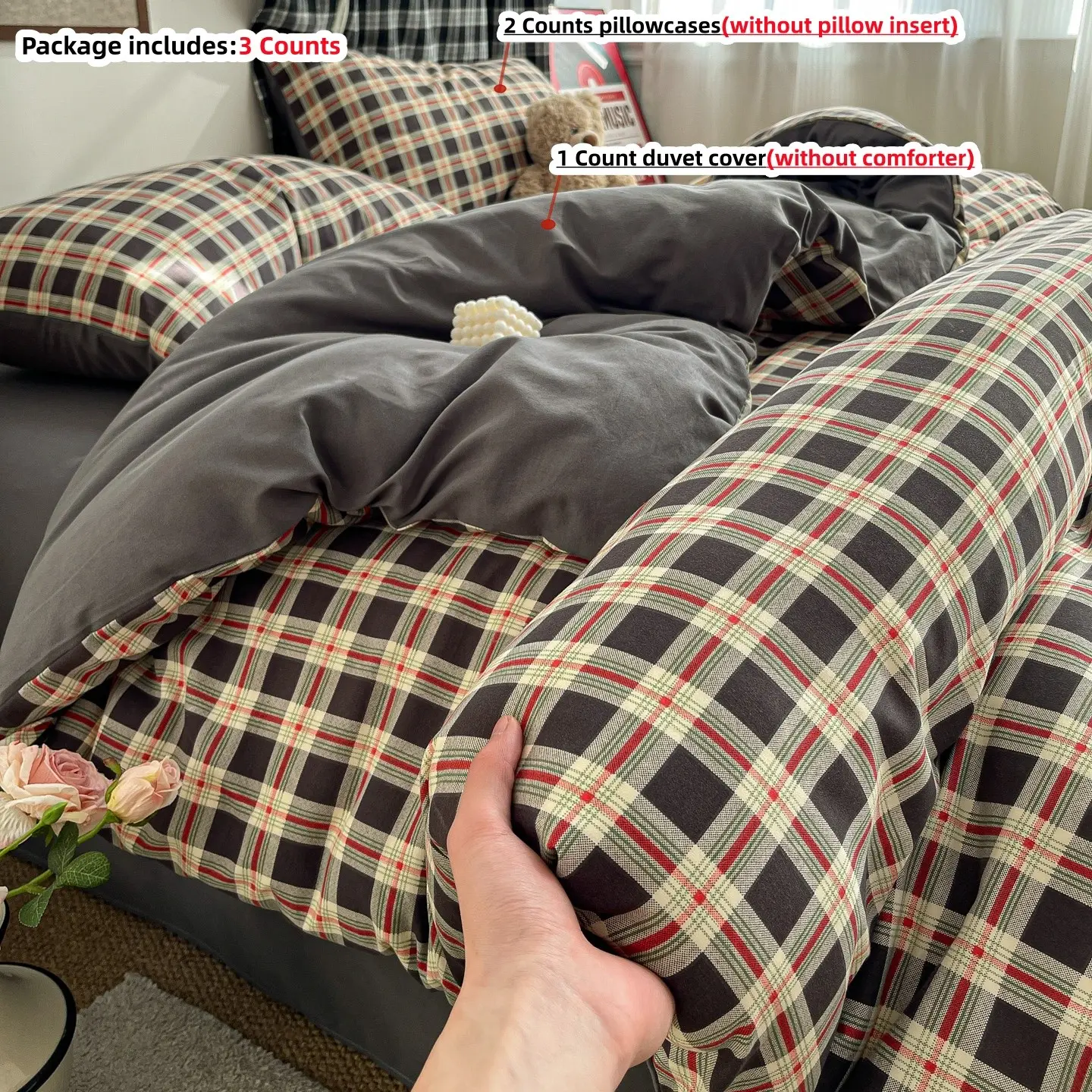 3pcs black Plaid Comfy bedding Set, 1Pc Duvet cover+2Pcs Pillowcases （without comforter and pillow insert）100g Polyester Heavy Fabric, Single Twin Double Queen Size, All Seasons Use, Checkered Bedding Set