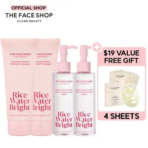 THE FACE SHOP Rice Water Bright 2x Bundle - Double Cleansing Oil & Foaming Cleanser Set for All Skin Types - Vegan, Moisturizing, Korean Skincare