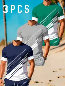 3-Pack Men's Diagonal Stripe Colorblock T-Shirts, Simple Patchwork Round Neck Short Sleeves, Daily Commute Casual Wear