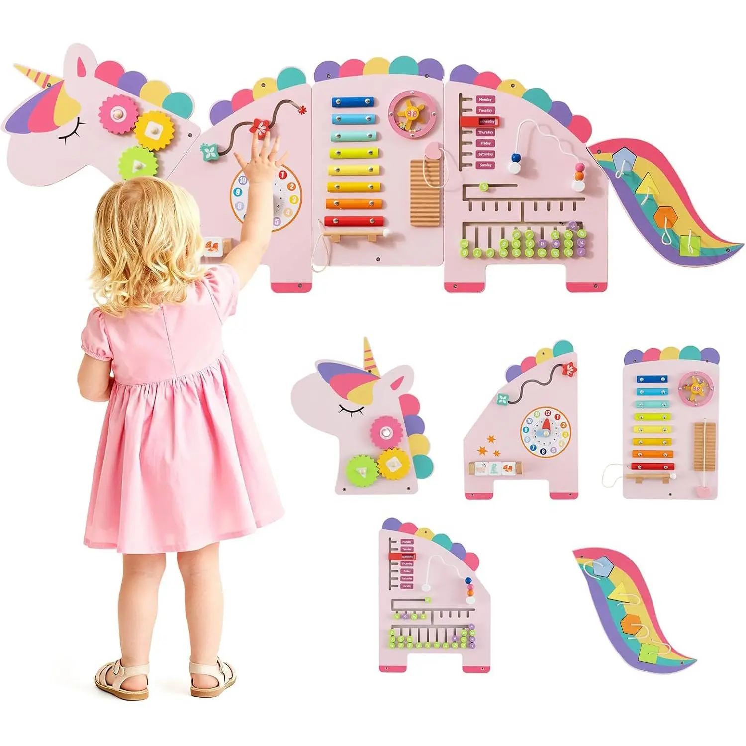 Costzon 11-in-1 Wooden Sensory Wall Panel Multi-Activity Playset, Preschool Montessori Busy Board Preschool Learning Tool with Clock, Rotary Gears, Flipping Blocks, Xylophone & More, Sensory Play Set Gift Ideas for Kids