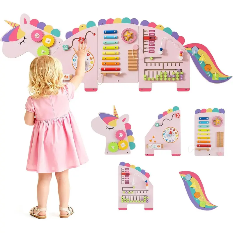 Costzon 11-in-1 Wooden Sensory Wall Panel Multi-Activity Playset, Unisex Preschool Montessori Busy Board Preschool Learning Tool with Clock, Rotary Gears, Flipping Blocks, Xylophone & More, Sensory Play Set Toddler Gifts