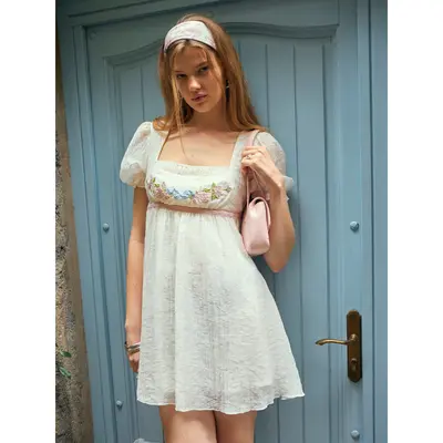 kimchi blue marcella embroidered tie back babydoll mini dress Kimchi Blue Marcella Embroidered Tie-back Babydoll Mini Dress in Grey