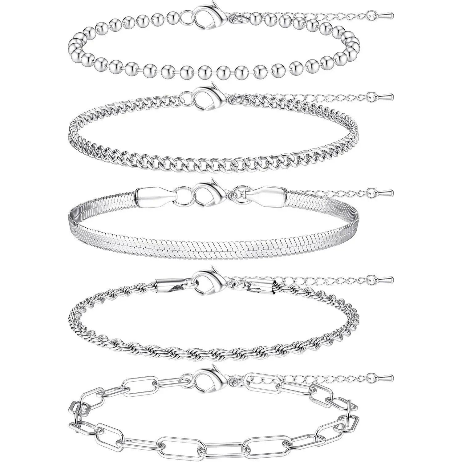 CASSIECA Women's 5Pc Non-Tarnish Stainless Steel Stacking Bracelets Set - Gold-Plated Silver-Tone Rope Chain, Figaro Bead, Cuban Link Charm Bracelet with Charms for Daily Summer Wear, Non Tarnish Jewelry