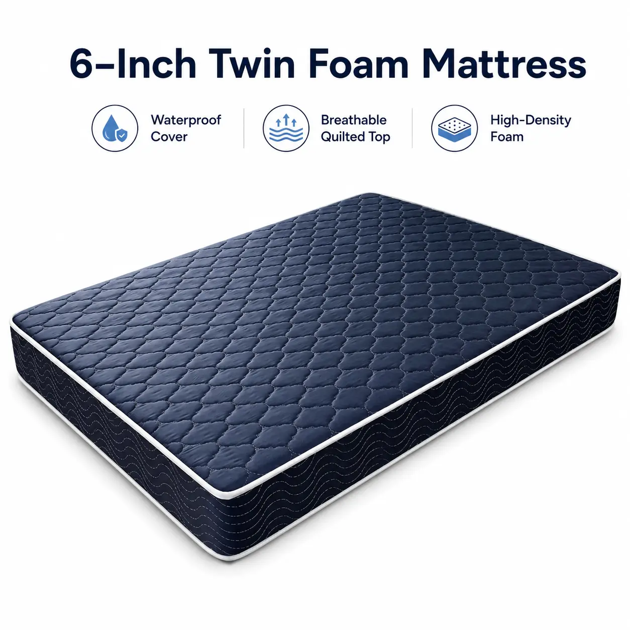 6-Inch Twin/Queen Size High-Density Foam Mattress with Waterproof Navy Blue Diamond-Quilted Breathable Cover, Fully Supported for Bedroom, Guest Room, Fully Supported Mattresses