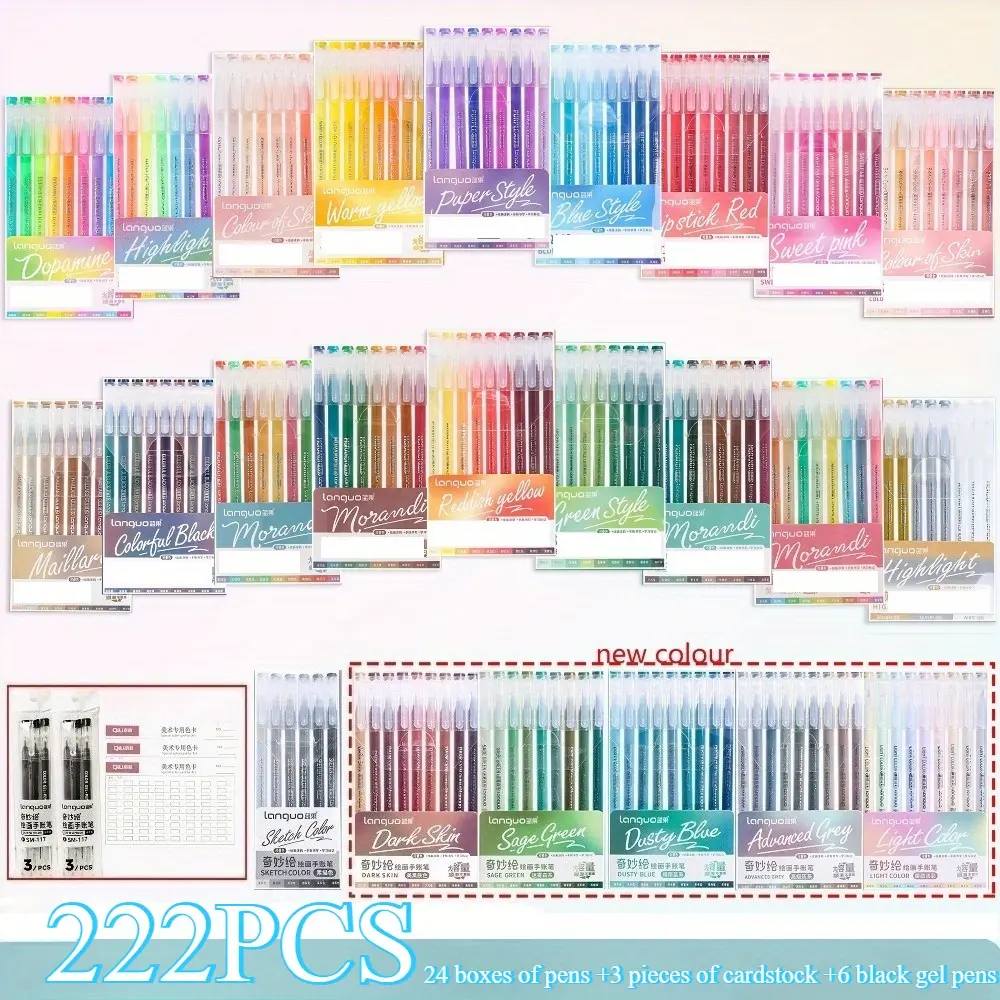 Languo 222PCS Gel Pen Set, 6 Black Gel Pens and 3 Color Cards, Colored Handwriting Pens for Painting Coloring, Doodling, and Highlighting. School and Office Supplies, Back To School, Thanksgiving and Christmas Gifts