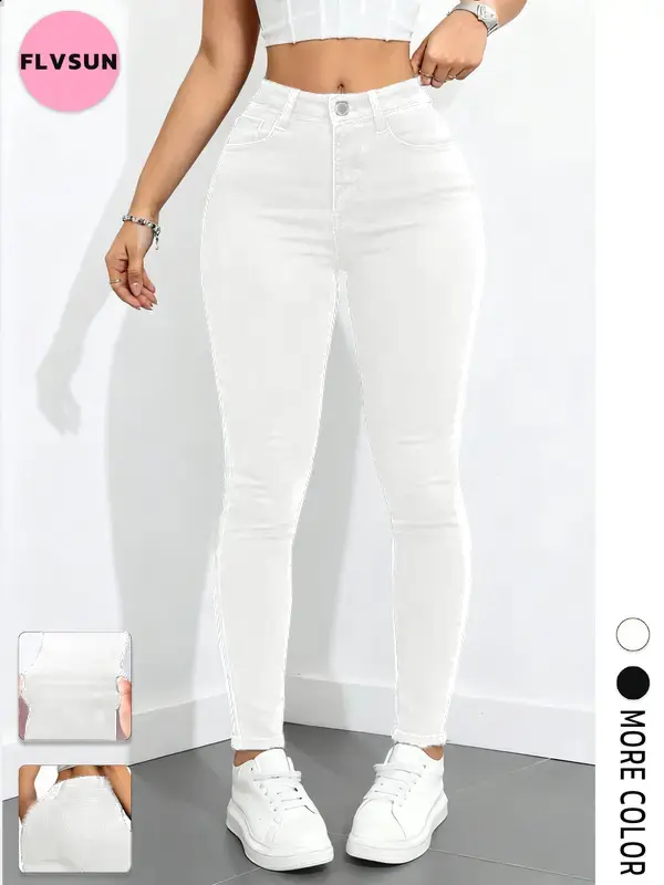 Flvsun Women's Cotton High-Waist Washed Skinny Jeans - Stretch Cold-Wash Slim Fit Streetwear Bottoms with Pockets, Classic Minimalist White Button Comfortable Trousers (Women's Clothes), Slim Fit Jeans, Streetwear Jeans