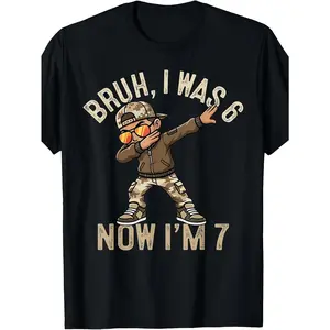 1BRUH, I WAS 6 NOW I’M 7 Cartoon Character Fun Black T-Shirt - Trendy Dab Pose Design with Camouflage Cap, Sunglasses & Jacket - Ideal for Kids Birthday Celebrations & Age Milestones