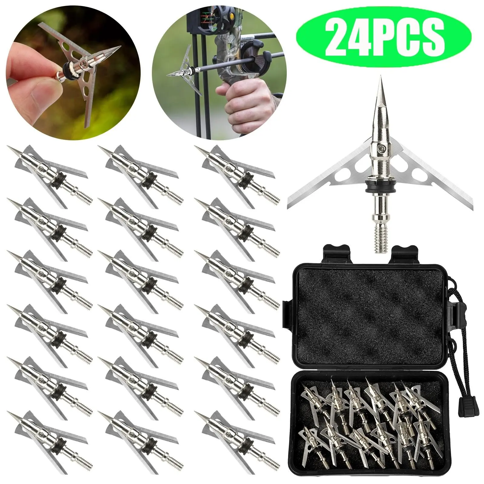 24Pcs 100 Grain Archery Broadheads 2" Dia Expandable Hunting Arrowhead W/2 Blade Outdoor Gear