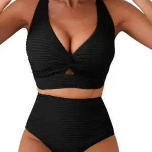 Women's Textured Bikini Sets Twist Front Top Swimsuits High Waisted Bathing Suits Swimming Clothing Beach Water Sports SwimWeek Vacationoutfits Summerstyle