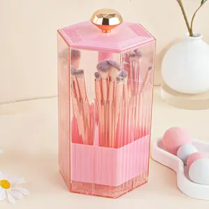 1pc Press The Automatic Pop-Up Makeup Brush Storage Bucket Makeup Brush Holder Organizer With Clear Lid Sliding Opening Dustproof Brushes Container For Vanity, Home Organizer