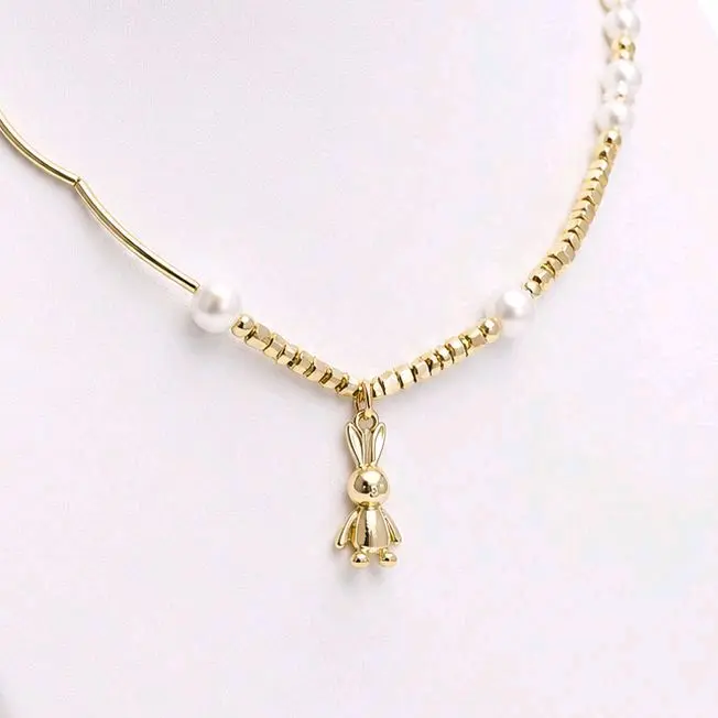 14K Gold Laminated Pearl & Bunny Charm Necklace – 16.5" with 18" Extension
