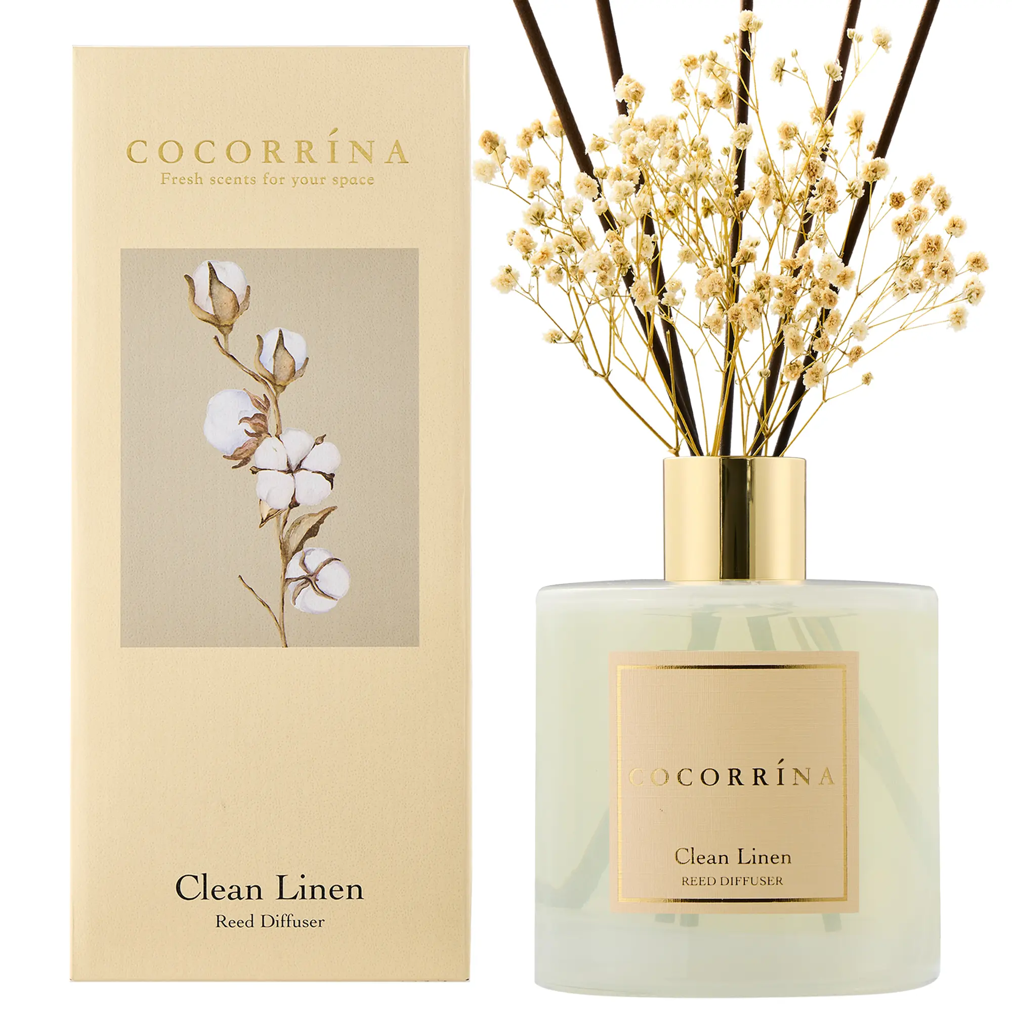 COCORRÍNA Reed Diffuser - Clean Linen 17 Fl.oz Reed Diffuser with 8 Sticks Scented Diffuser with Preserved Flowers for Bathroom Home Decor